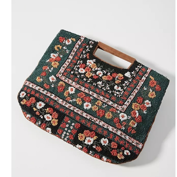 Anthropologie Green and Black Tote Bag with Floral Design - Picture 1 of 7